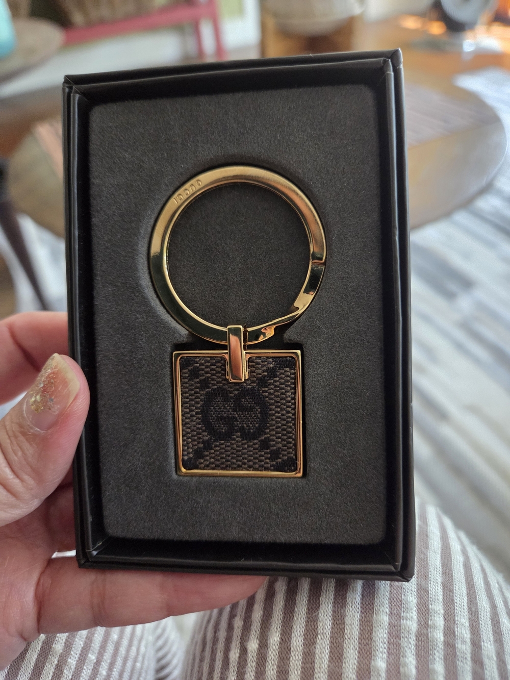 Gucci Brown GG Canvas and Gold-Tone Square Keyring